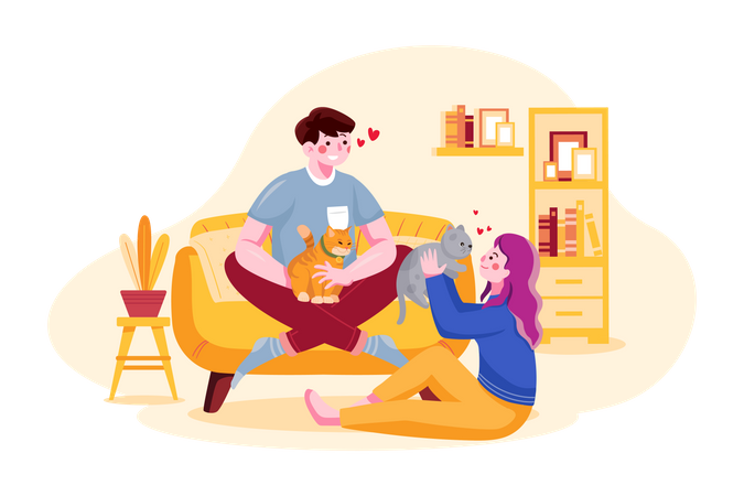 Casal mimando gato  Ilustração