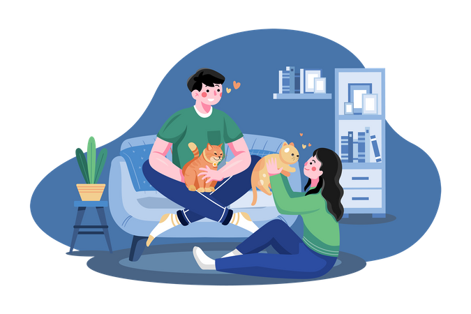 Casal mimando gato  Ilustração