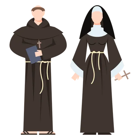 Pessoas Religiosas Usando Uniforme Especifico Figura Religiosa Masculina E Feminina Monge Cristao Ilustracao Vetorial Plana Ilustração