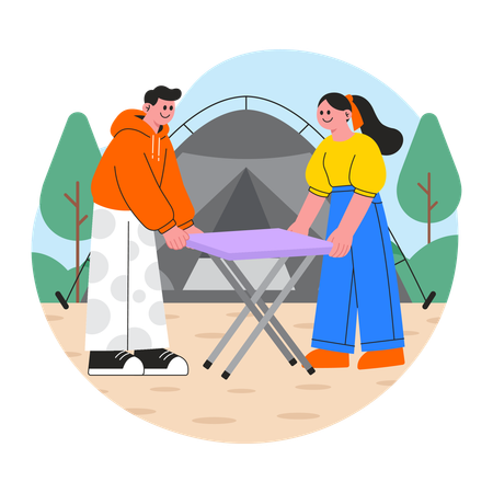 Casal montando barraca  Ilustração