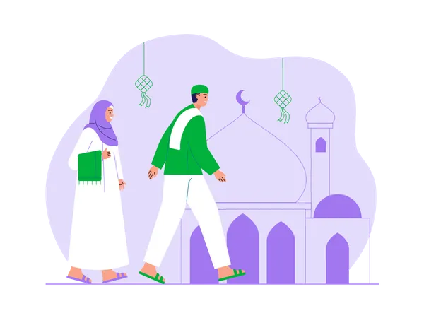 Casal muçulmano andando em frente à mesquita  Ilustração