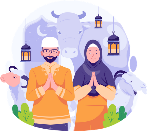 Casal muçulmano celebra Eid Al Adha com uma vaca, uma cabra e uma ovelha  Ilustração