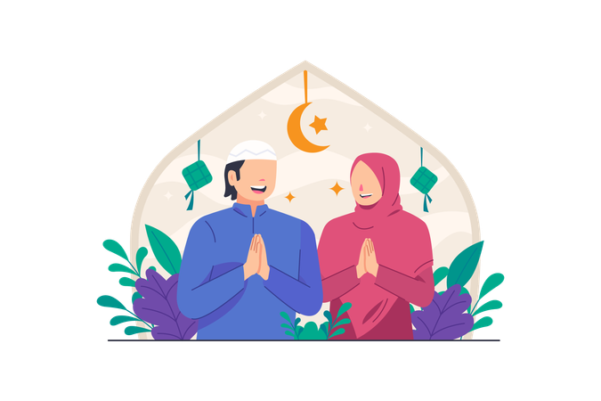 Casal muçulmano comemora Eid Al Fitr  Ilustração