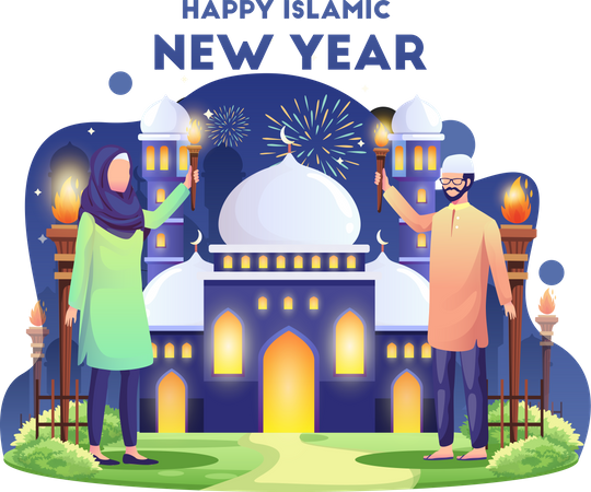 Casal muçulmano comemorando o ano novo islâmico  Ilustração