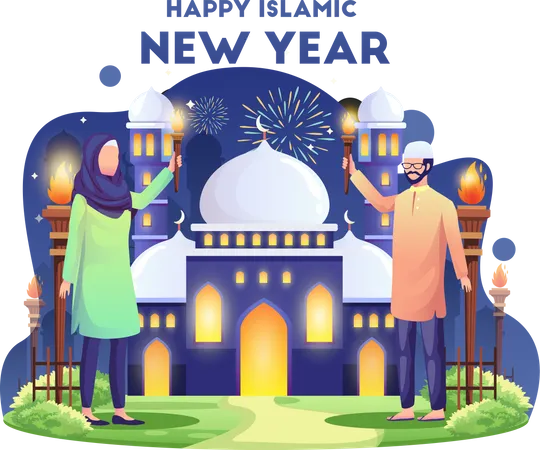 Casal Muculmano Comemorando O Ano Novo Islamico Com Festival De Tochas Ilustracao Vetorial Plana Ilustração