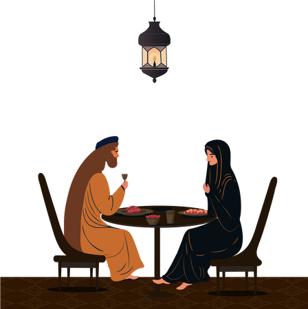 Casal muçulmano fazendo refeições deliciosas  Ilustração