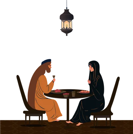 Casal muçulmano fazendo refeições deliciosas  Ilustração