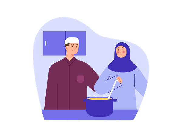 Casal muçulmano cozinhando comida na cozinha  Ilustração