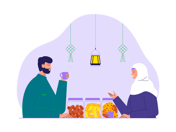 Casal muçulmano desfruta de jantar no Ramadã  Ilustração