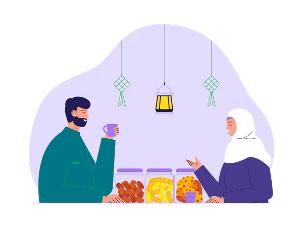 Casal muçulmano desfruta de jantar no Ramadã  Ilustração