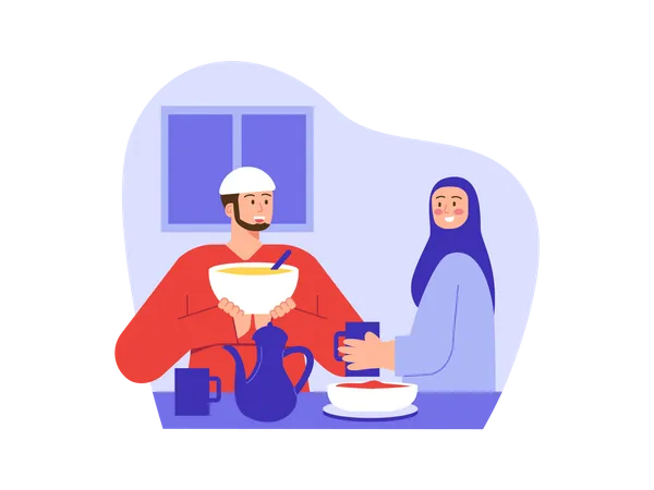 Casal muçulmano desfrutando de festa de comida  Ilustração