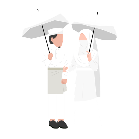 Casal muçulmano em pé com guarda-chuva  Ilustração