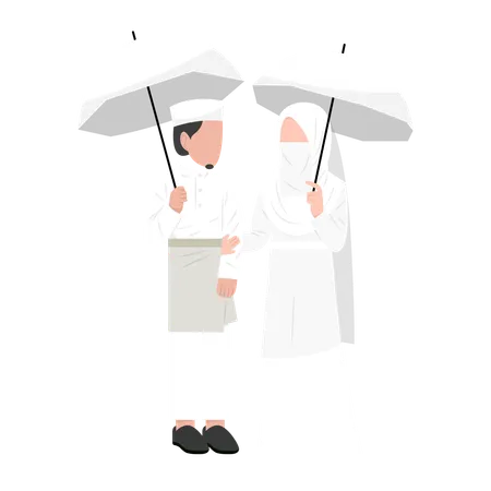 Casal muçulmano em pé com guarda-chuva  Ilustração