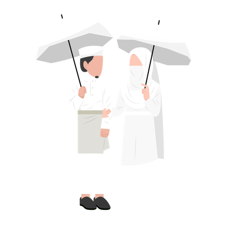 Casal muçulmano em pé com guarda-chuva  Ilustração