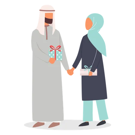 Casal muçulmano em um encontro dando um presente  Ilustração