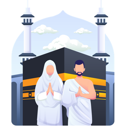 Casal muçulmano está fazendo peregrinação islâmica hajj  Ilustração