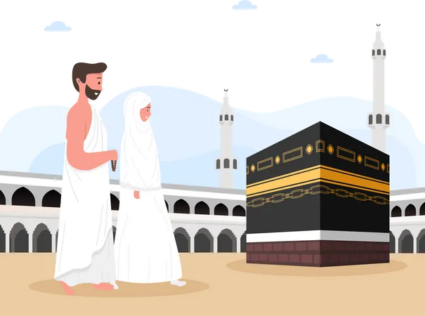 Casal muçulmano está fazendo peregrinação islâmica hajj  Ilustração