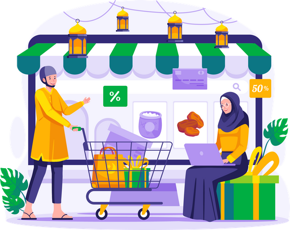 Casal muçulmano fazendo compras on-line  Ilustração