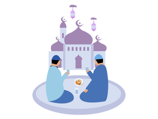 Casal muçulmano fazendo iftar  Ilustração