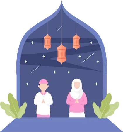 Casal muçulmano fazendo oração  Ilustração
