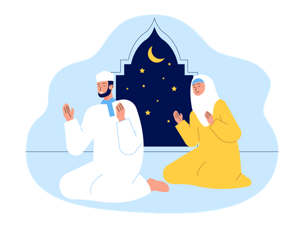Casal muçulmano fazendo oração islâmica  Ilustração