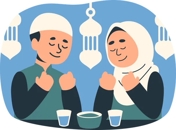 Casal muçulmano feliz rezando durante o Ramadã com lanternas  Ilustração