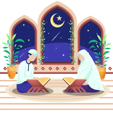 Casal muçulmano lendo o Alcorão durante Ramadan Kareem  Ilustração