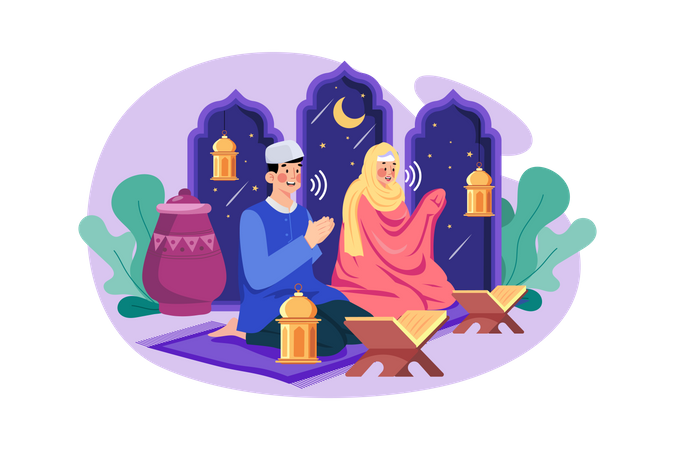Casal muçulmano lendo o Alcorão durante Ramadan Kareem  Ilustração