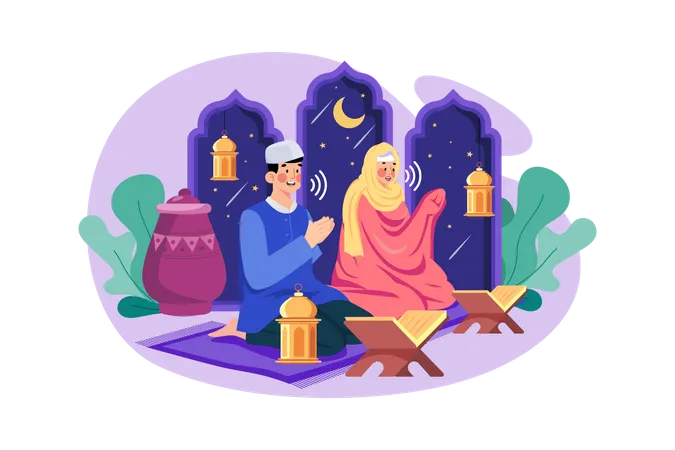 Casal muçulmano lendo o Alcorão durante Ramadan Kareem  Ilustração
