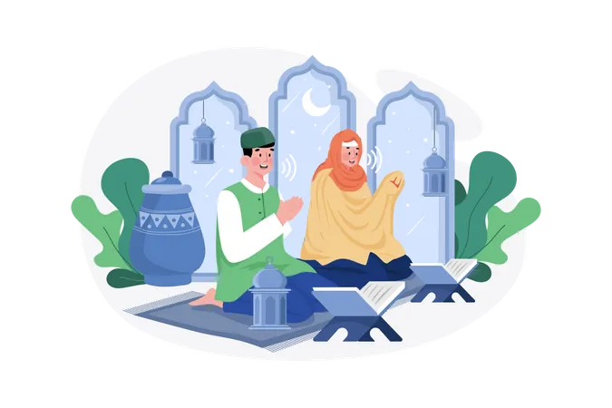 Casal muçulmano lendo o Alcorão durante Ramadan Kareem  Ilustração