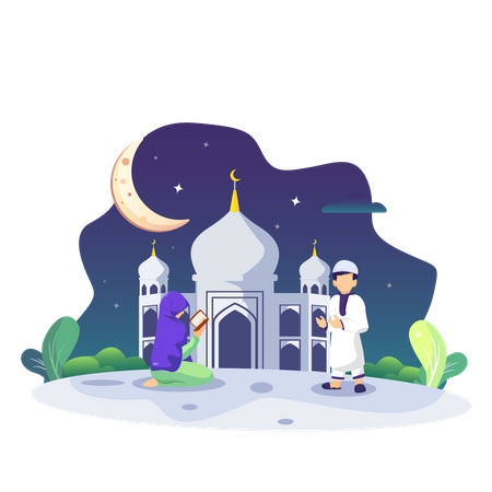 Casal muçulmano lendo e estudando o Alcorão durante o mês sagrado do Ramadã Kareem  Ilustração