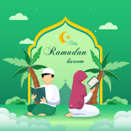 Casal muçulmano lendo o Alcorão durante o mês sagrado do Ramadã Kareem  Ilustração