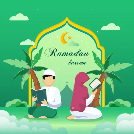 Conceito Feliz Do Ramada Casal Muculmano Lendo O Alcorao Durante O Mes Sagrado Do Ramada Kareem Ilustração