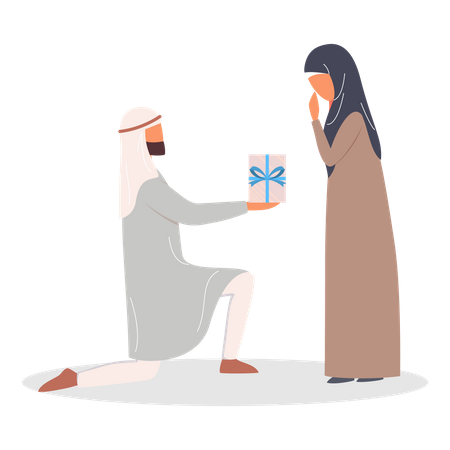 Casal muçulmano moderno em um encontro dando um presente  Ilustração