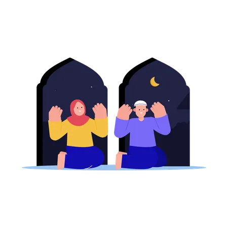 Casal muçulmano reza no Ramadã  Ilustração