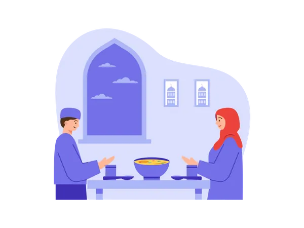Casal muçulmano rezando antes de comer  Ilustração