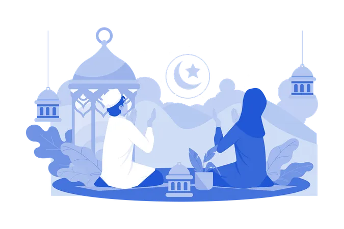 Casal muçulmano rezando na noite do Ramadã  Ilustração