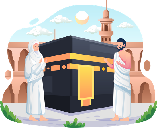 Casal muçulmano realiza peregrinação islâmica do Hajj  Ilustração