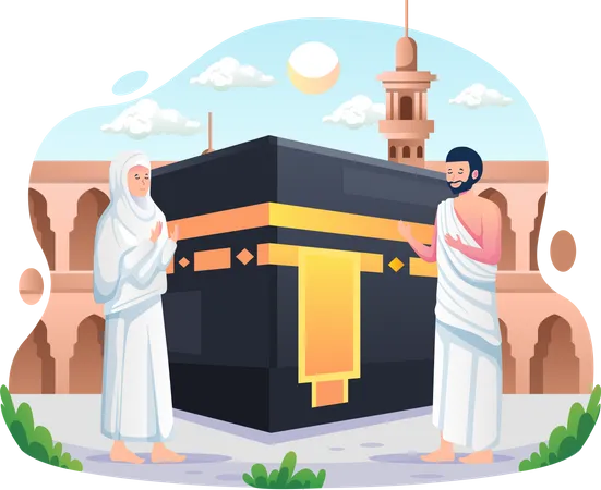 Casal muçulmano realiza peregrinação islâmica do Hajj  Ilustração