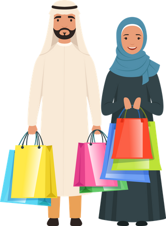 Casal muçulmano segurando sacolas de compras  Ilustração