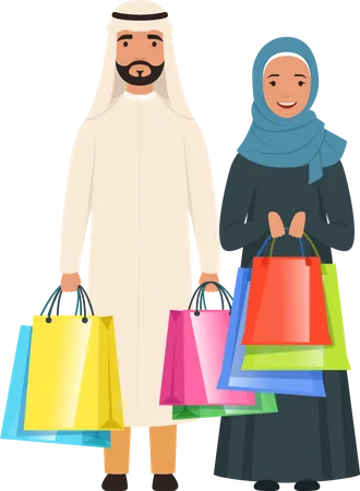 Casal muçulmano segurando sacolas de compras  Ilustração