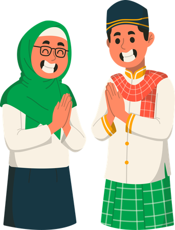 Casal muçulmano sorridente com gesto de saudação  Ilustração