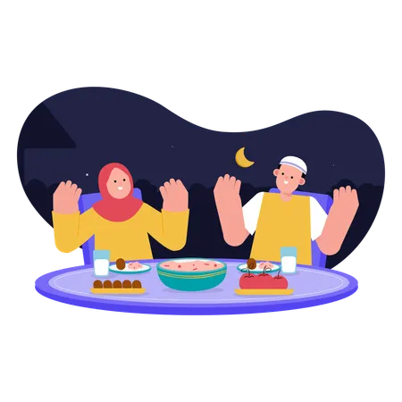 Casal muçulmano tomando comida Iftar  Ilustração