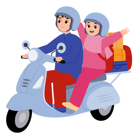 Casal muçulmano voltando para casa para o Eid andando de scooter  Ilustração