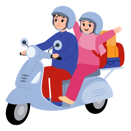 Casal muçulmano voltando para casa para o Eid andando de scooter  Ilustração