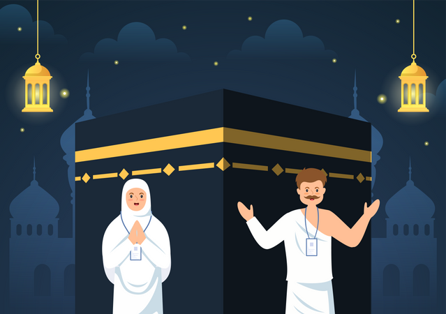 Casal em peregrinação do hajj  Ilustração