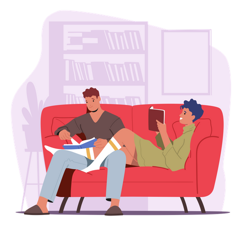 Casal na sala de estar e lendo livro juntos  Ilustração