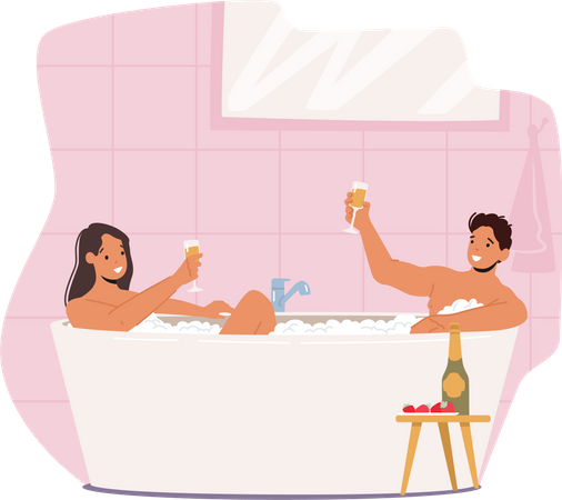 Casal tendo encontro na banheira  Ilustração