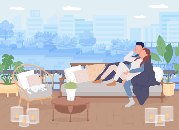 Casal namorando no telhado  Ilustração