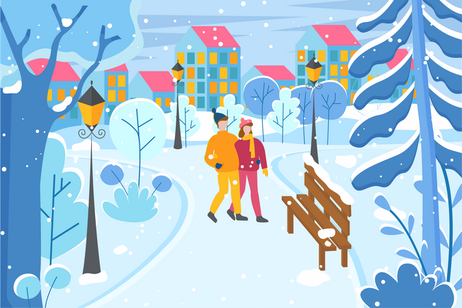 Casal em parque de inverno  Ilustração